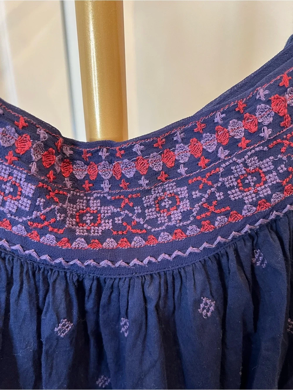 Free People Navy Embroidered Tie-Shoulder Tank
